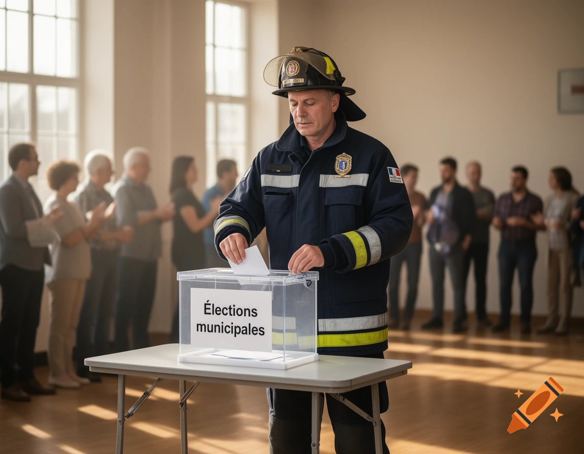 A firefighter in uniform votes at a ballot box labeled 'Élections municipales' while people queue in the background. Photorealistic.