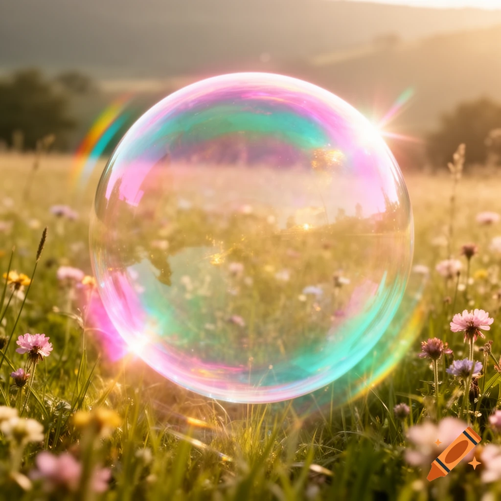 A large, iridescent bubble floats in a sunlit field of wildflowers at sunset.