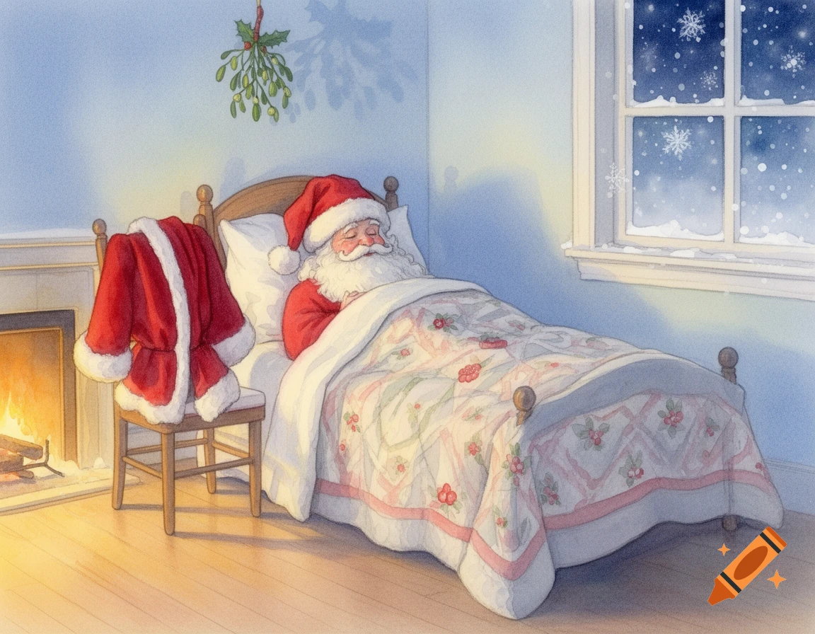 Watercolor illustration of Santa Claus sleeping in bed next to a fireplace, with his suit on a chair and snow outside.