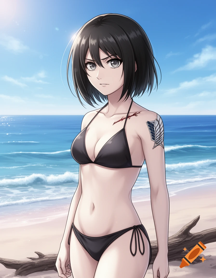 Anime-style Mikasa Ackerman in a black bikini stands on a beach with a blue ocean and sky behind her.