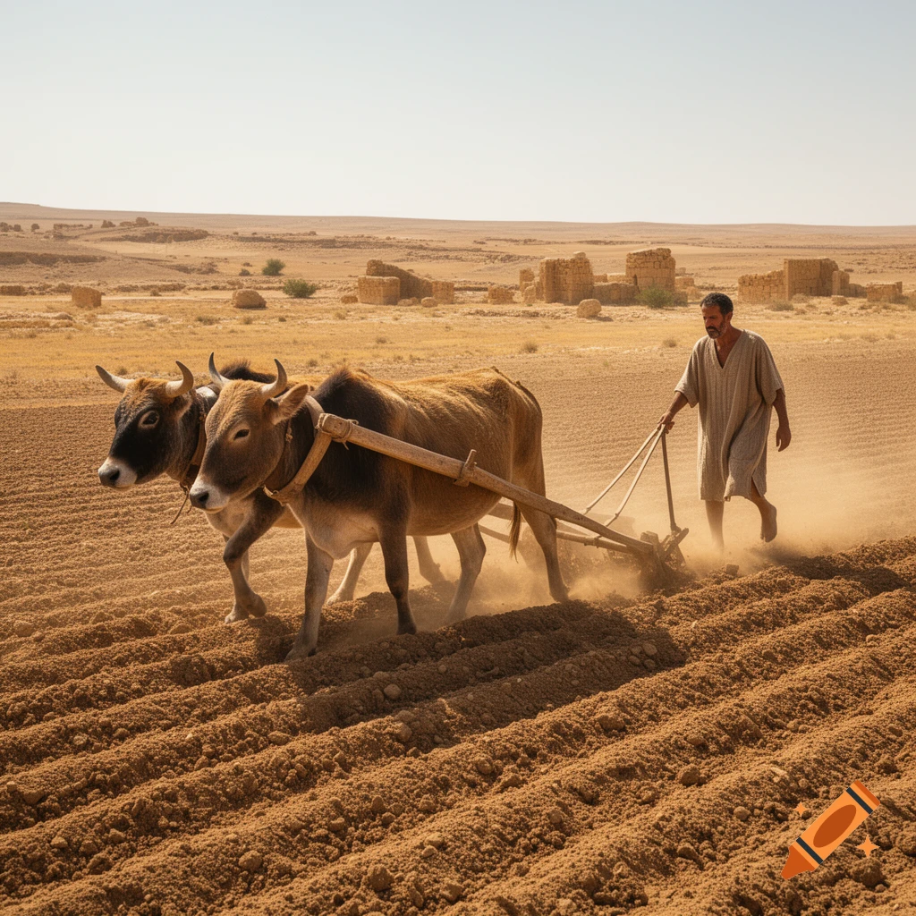 A farmer plows a dry, tilled field in a desert landscape with two oxen, under a bright sky.