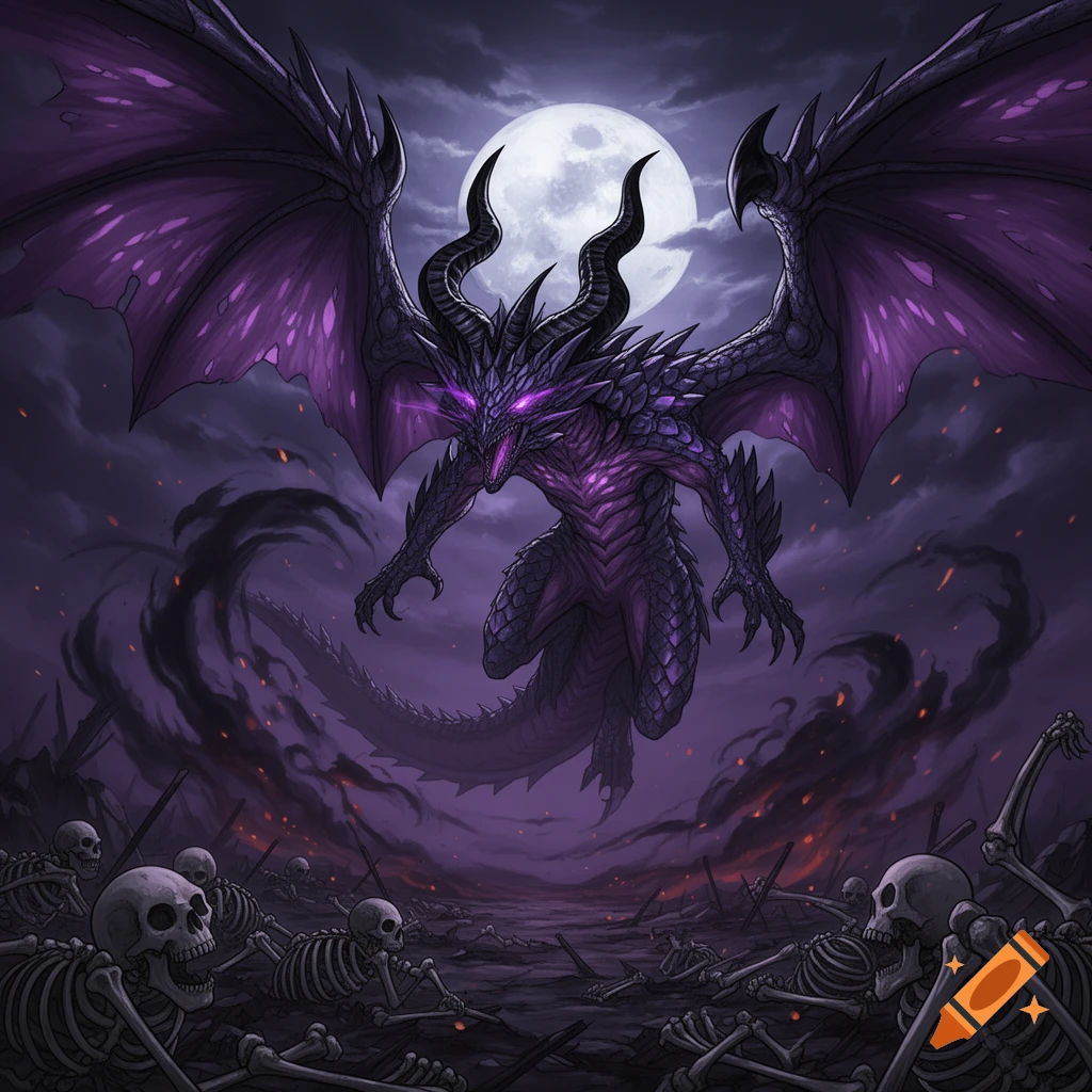 A powerful purple dragon with glowing eyes and large wings hovers over ...