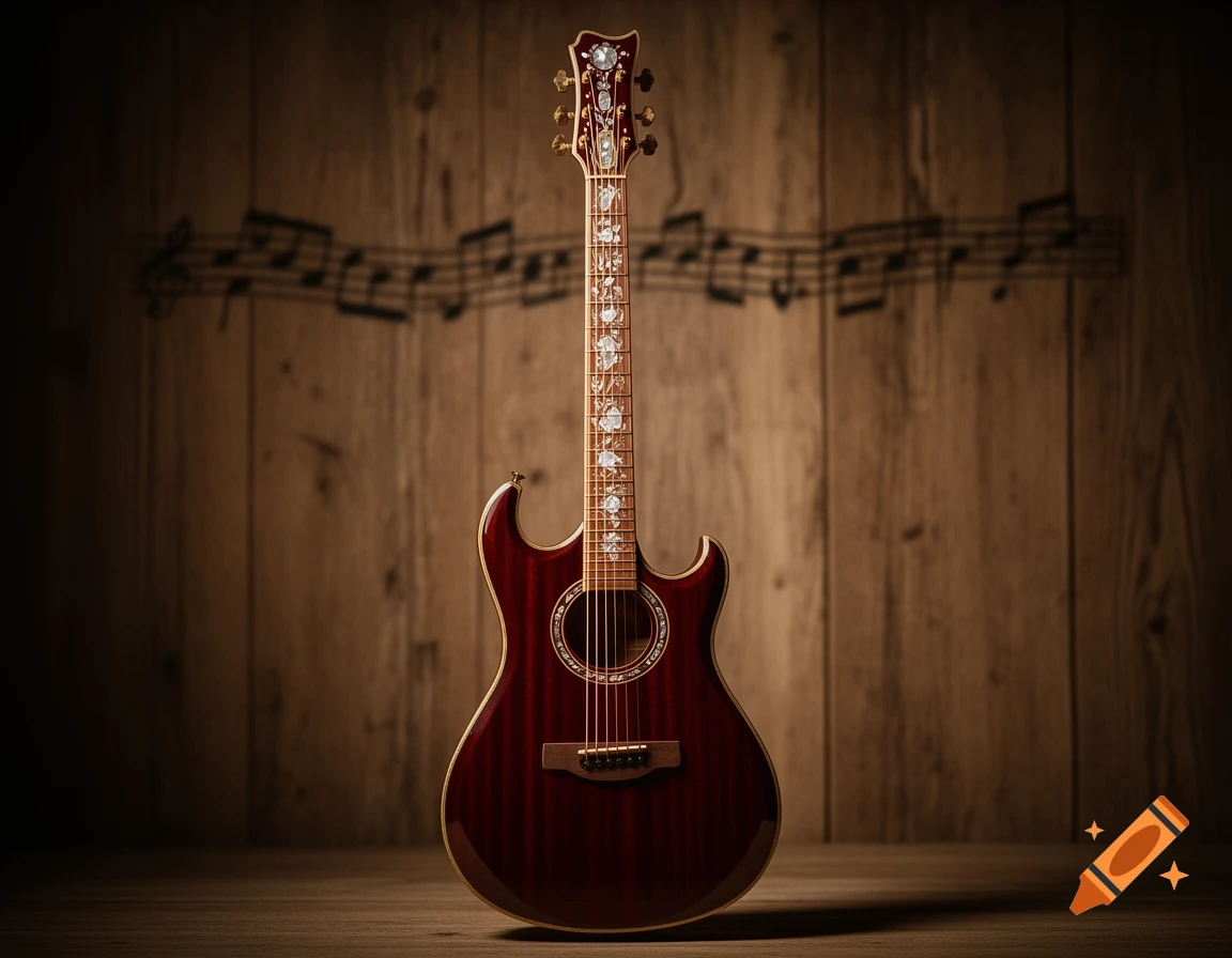 A dark red acoustic-electric guitar with ornate fretboard inlay stands on a wooden floor against a wooden wall with blurry musical notes in the background.