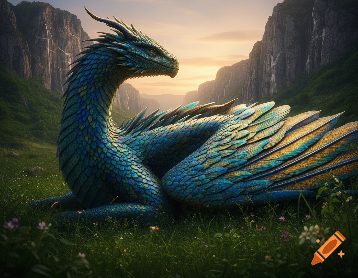 A majestic dragon with shimmering blue and gold feather-like scales ...