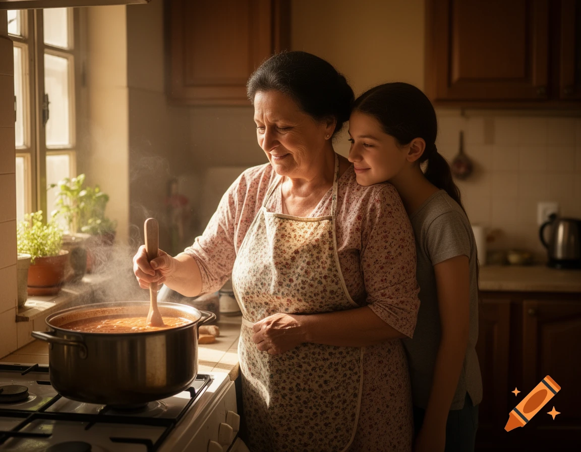 An older woman stirs a pot of soup on a stove while a young girl hugs her, in a warm, photorealistic kitchen scene.