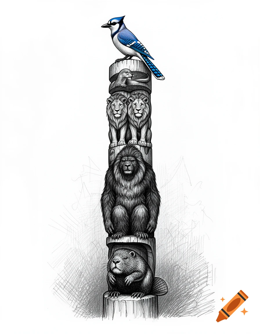 A detailed black and white sketch of a totem pole, topped with a colorful blue jay, followed by an otter, two lions, a sasquatch-like creature, and a beaver at the base.