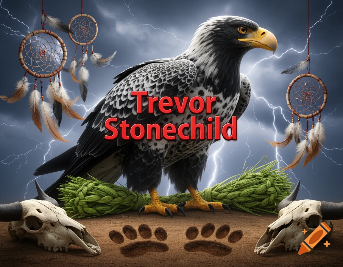 Vivid cartoon of a majestic eagle with 'Trevor Stonechild' text, dreamcatchers, sweetgrass, buffalo skulls, and lightning in a stormy sky.