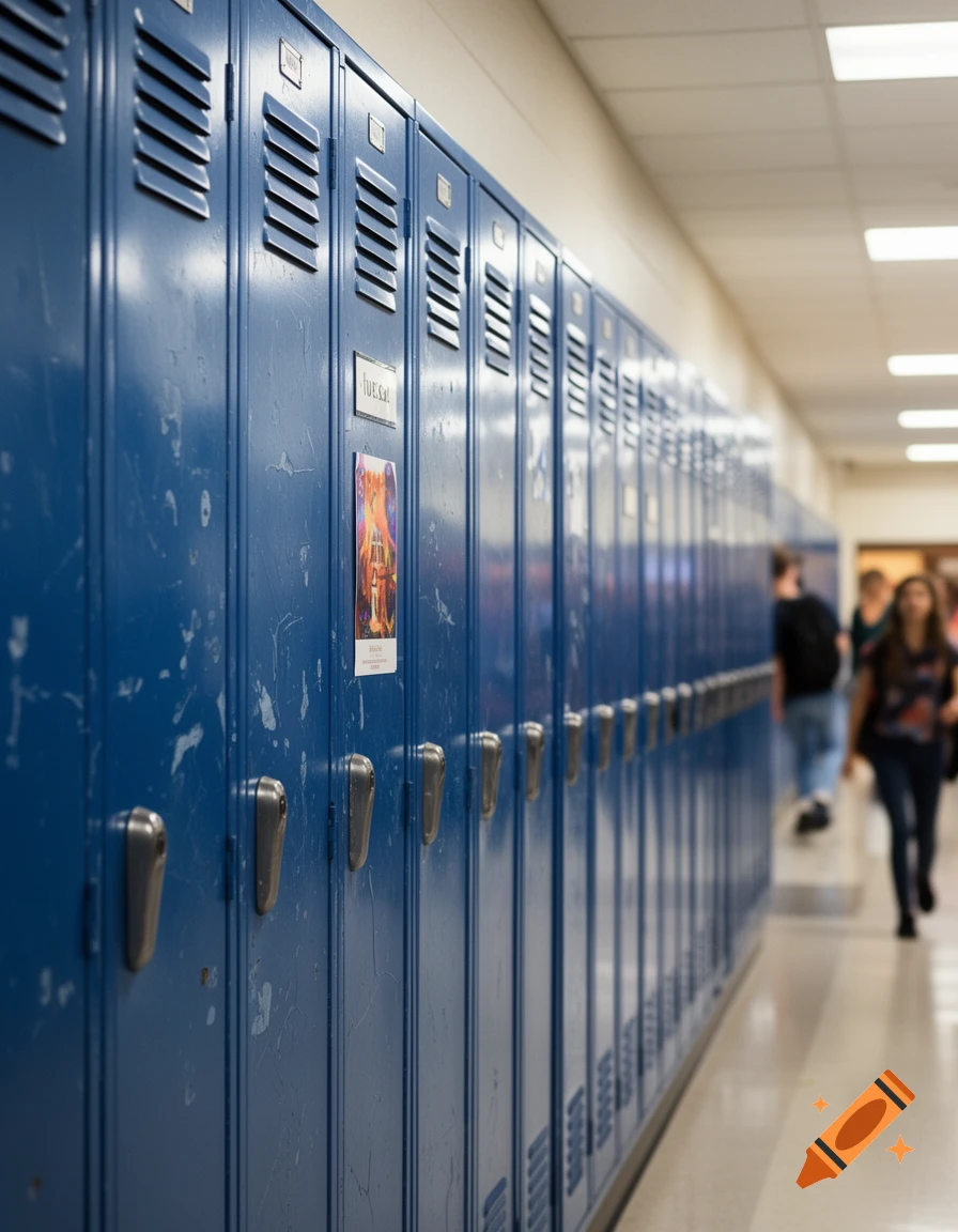 Photorealistic view of a long school hallway lined with worn blue lockers, with students blurred in the background.