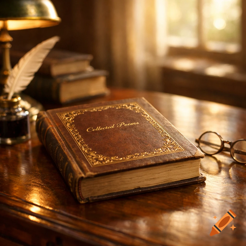 A leather-bound book titled 'Collected Poems' with a quill, inkwell, and glasses on a wooden desk, bathed in warm light.