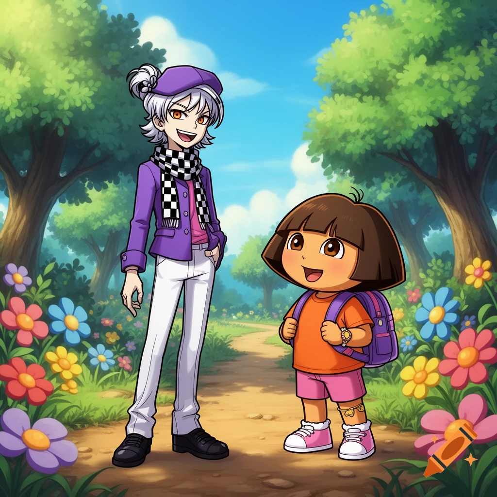 Kokichi Oma and Dora the Explorer stand on a sunny path surrounded by trees and colorful flowers in a cartoon style.