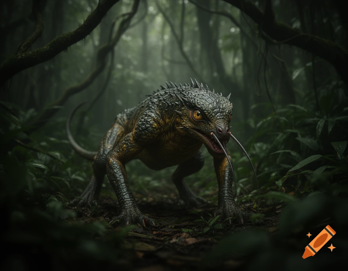 A fierce reptilian chupacabra with long tendrils squats on a dark, misty jungle floor in a photorealistic style.