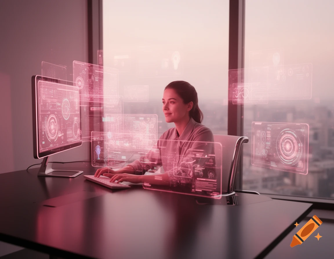 A woman works at a desk, surrounded by glowing pink holographic data and a computer screen, overlooking a city at dusk.
