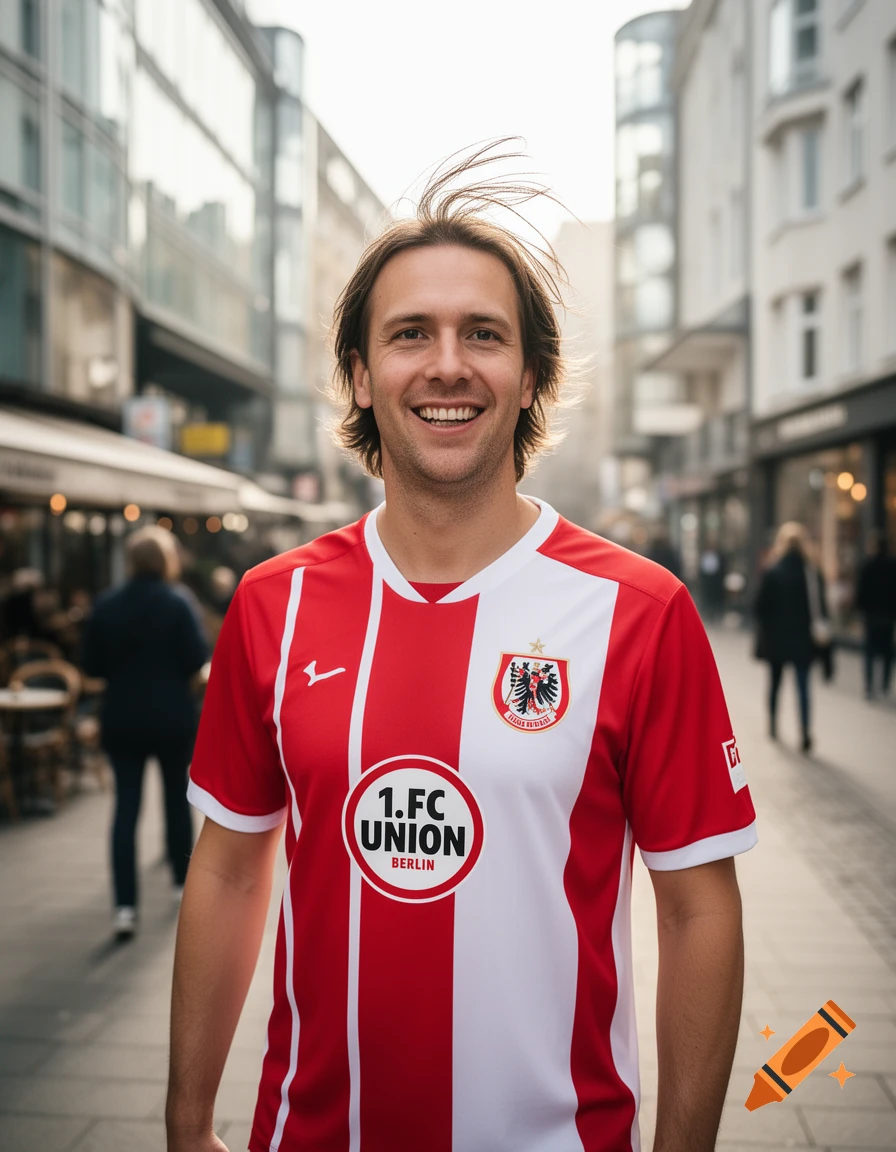 Smiling man in a red and white striped 1.FC Union Berlin football jersey stands on a sunny city street.