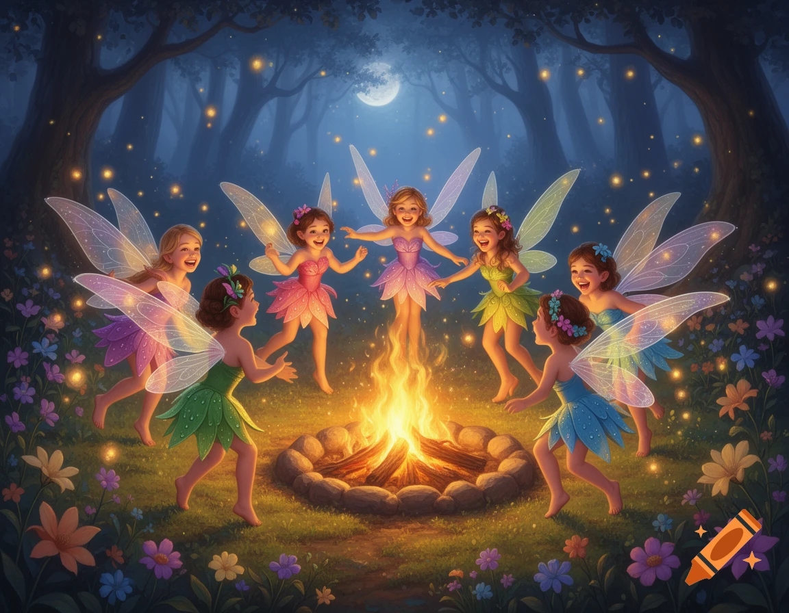 Six cute fairies dance around a glowing campfire at night in a magical forest, surrounded by fireflies and colorful flowers.