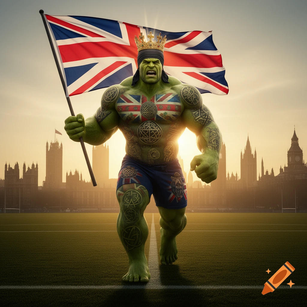 A powerful green Hulk-like character with British flag tattoos and a crown, holding a Union Jack flag, stands on a rugby field with the London skyline at sunset.