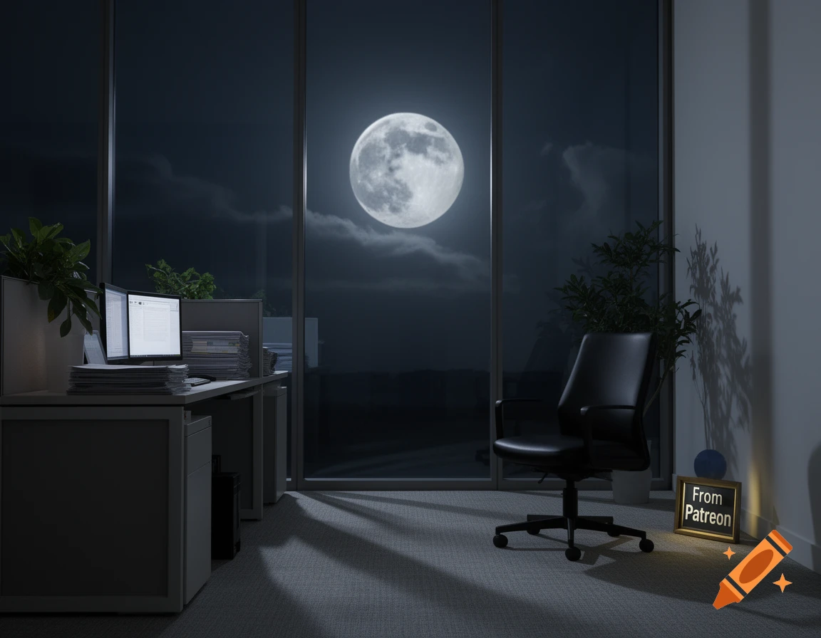 An empty office cubicle and chair by a large window at night, with a prominent full moon in the dark sky and a glowing 'From Patreon' sign.