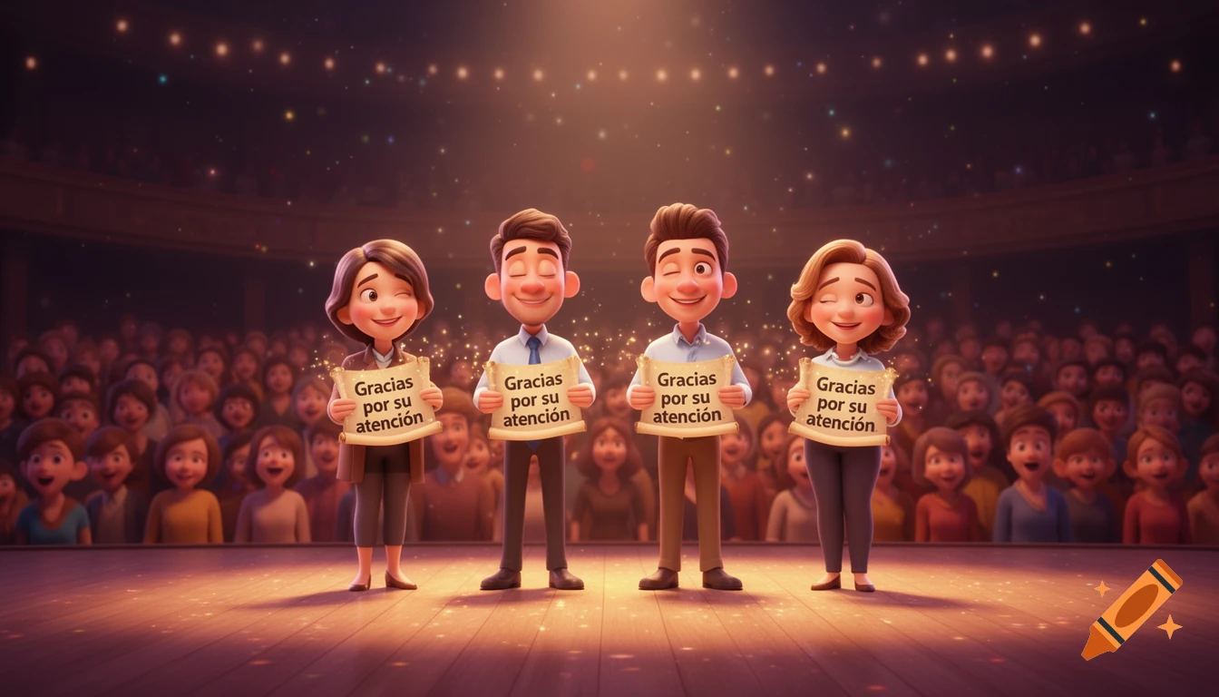 Four 3D animated characters on a stage, holding 'Gracias por su atención' signs to an audience.