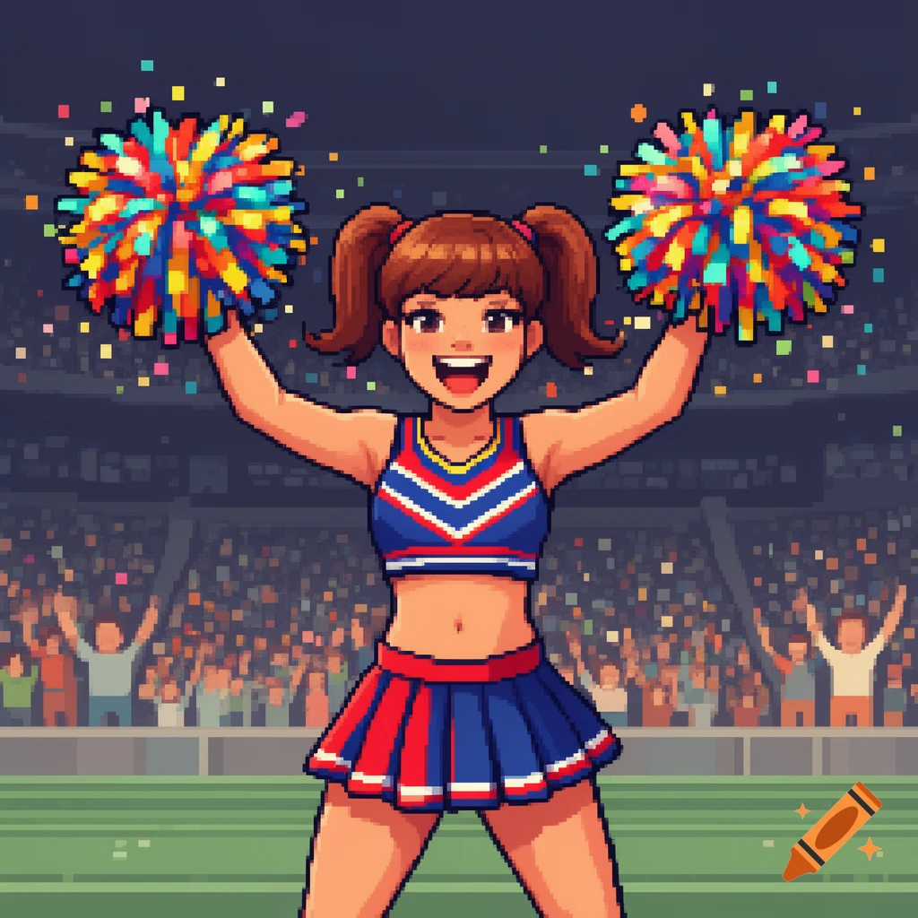 A smiling pixel art cheerleader with pigtails holds colorful pompoms in a stadium full of cheering fans.