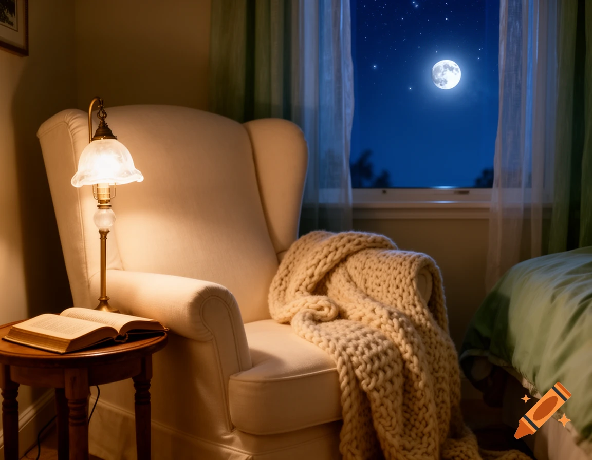 A cozy room at night with a well-lit armchair, a thick knitted blanket, a standing lamp, and an open book on a side table, all illuminated by a bright full moon visible through a window.