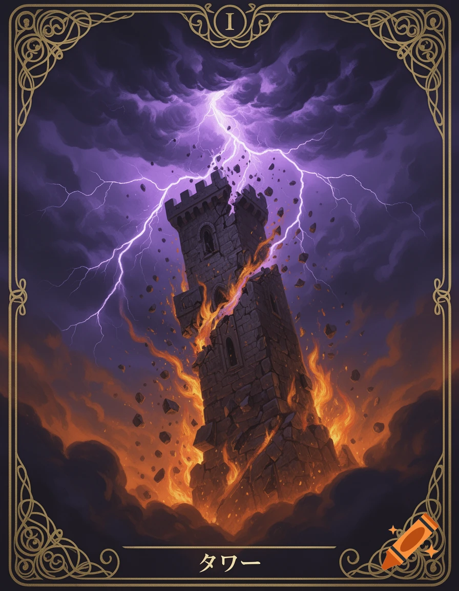 A tarot card illustration of a tall stone tower being struck by purple lightning and engulfed in flames, with a gold border.