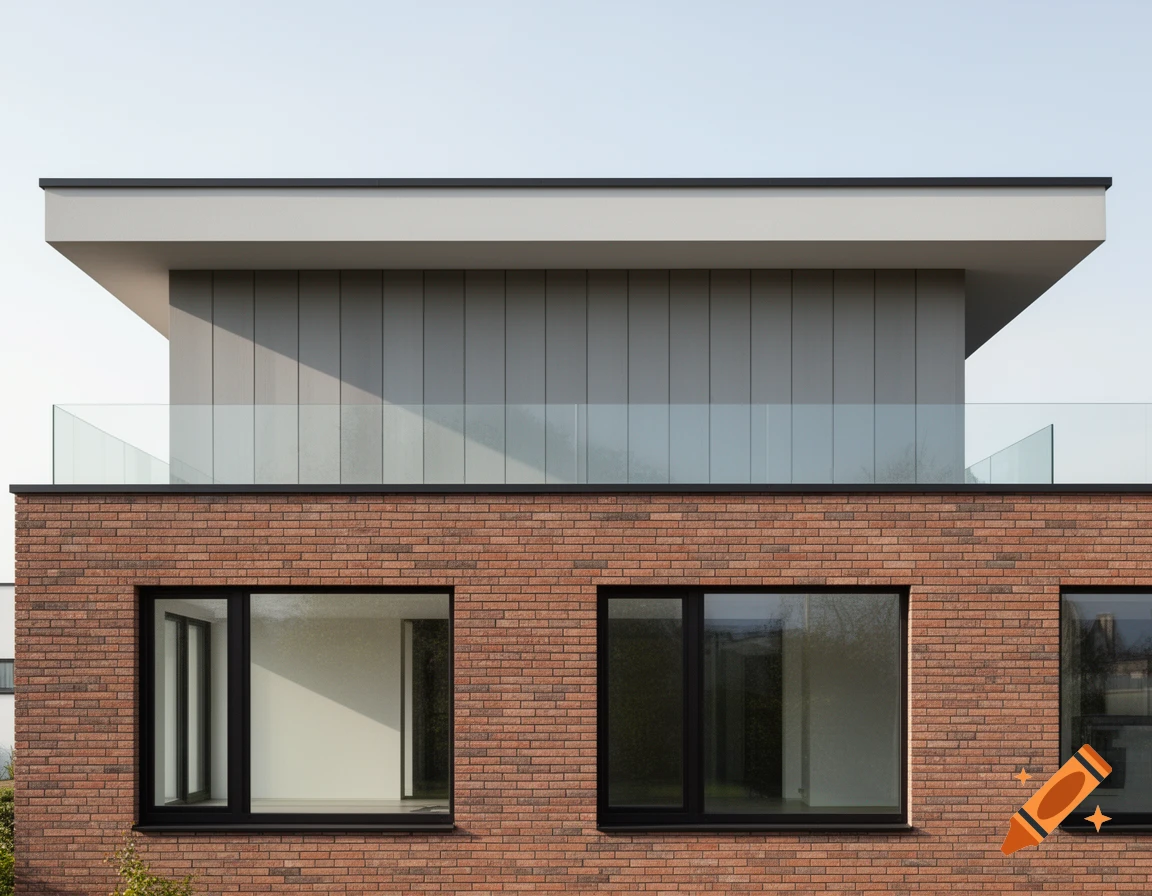 Modern Bauhaus-style building with a red brick lower facade, dark windows, a grey paneled upper floor, and a glass balcony railing.