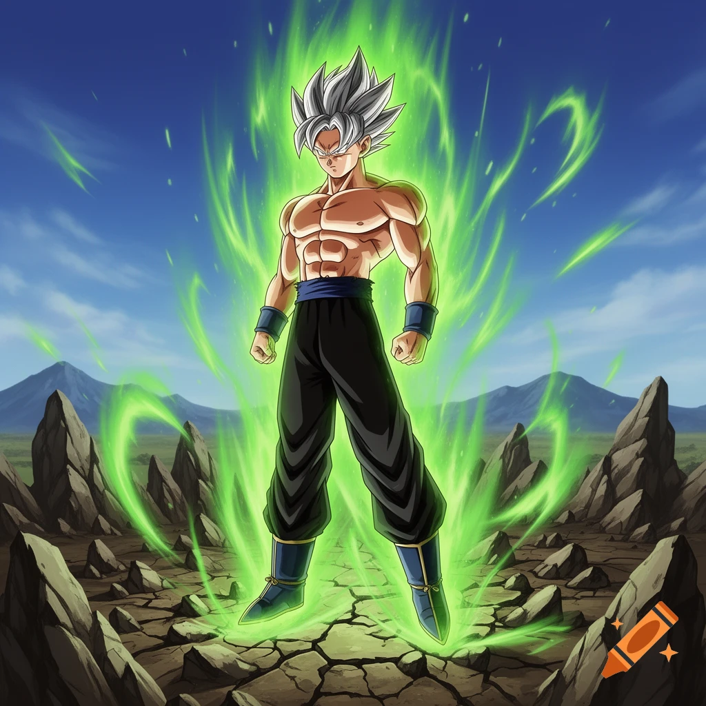 A shirtless anime character with grey spiky hair and a vibrant green aura stands in a rocky landscape under a blue sky, wearing black pants.
