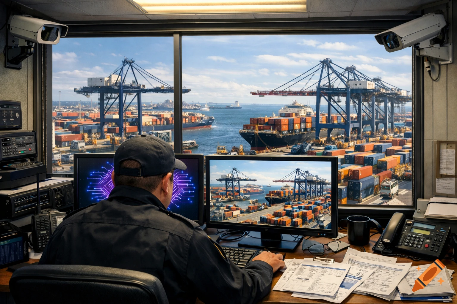 A security guard at a desk in a control room, viewing a busy shipping port with cargo ships and cranes through a large window, with an AI logo on one monitor.
