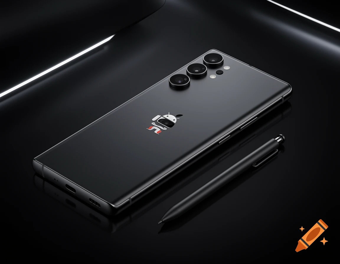 A black smartphone with three camera lenses and an Android logo on its back, lies next to a black stylus on a dark reflective surface.