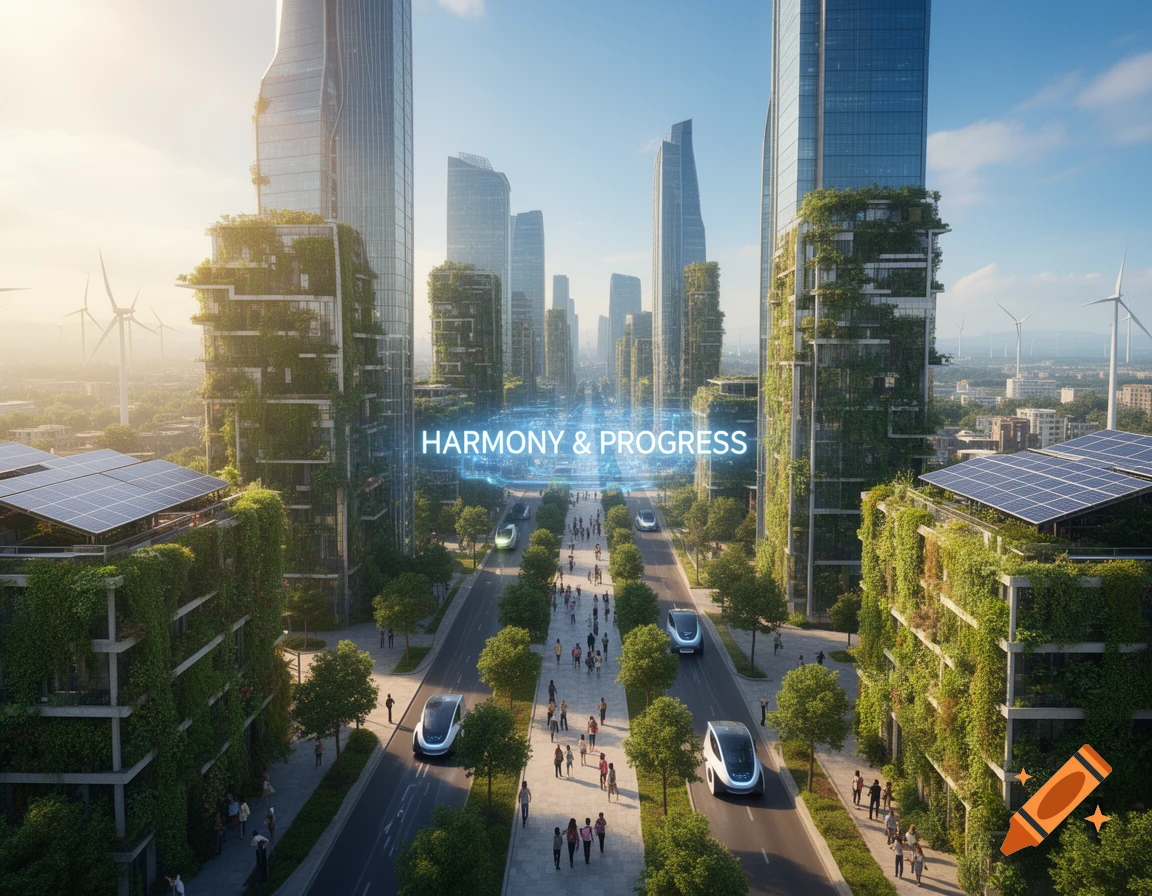 A photorealistic utopian city with green skyscrapers, solar panels, wind turbines, driverless cars, and 'HARMONY & PROGRESS' in the sky.