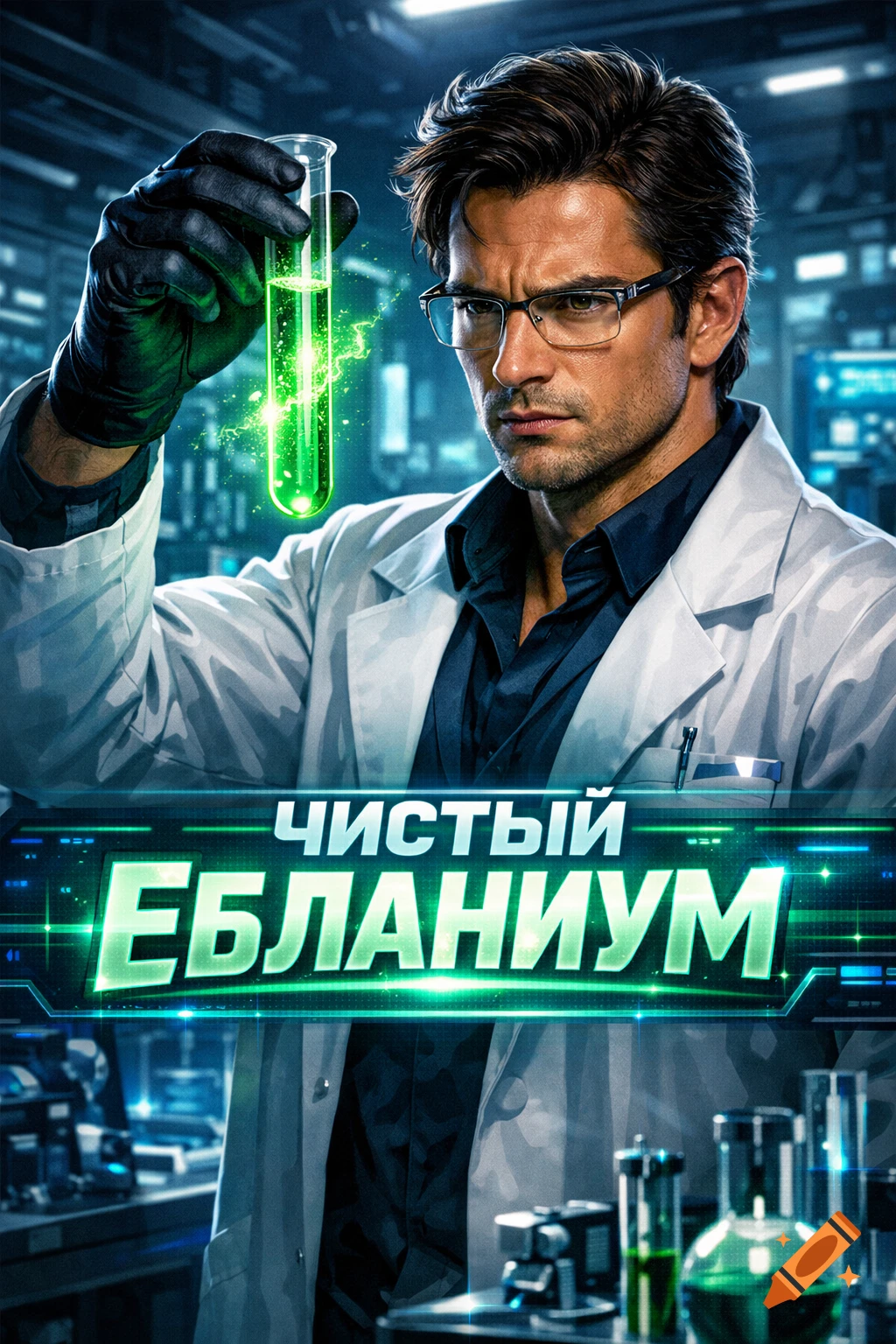A serious scientist in a lab coat and glasses holds a glowing green test tube in a futuristic laboratory. Russian text 'ЧИСТЫЙ ЕБЛАНИУМ' is below.