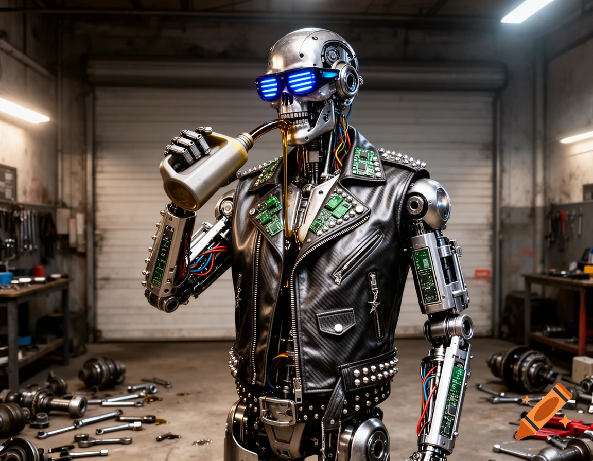 Photorealistic robot in a studded leather jacket and glowing sunglasses drinking oil in a messy garage.