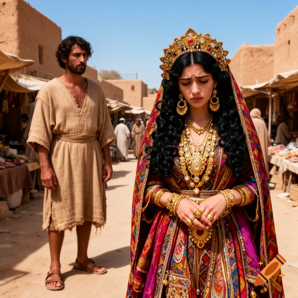 A sad bride in elaborate colorful garments and gold jewelry stands in an ancient Middle Eastern market next to a man in simple robes.