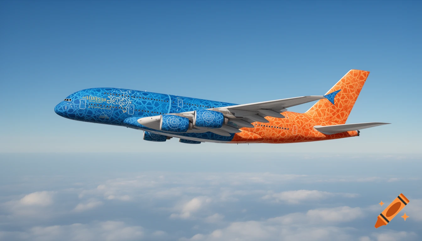 Photorealistic Airbus A380 flying above clouds, with an intricate blue patterned front and an orange patterned tail.