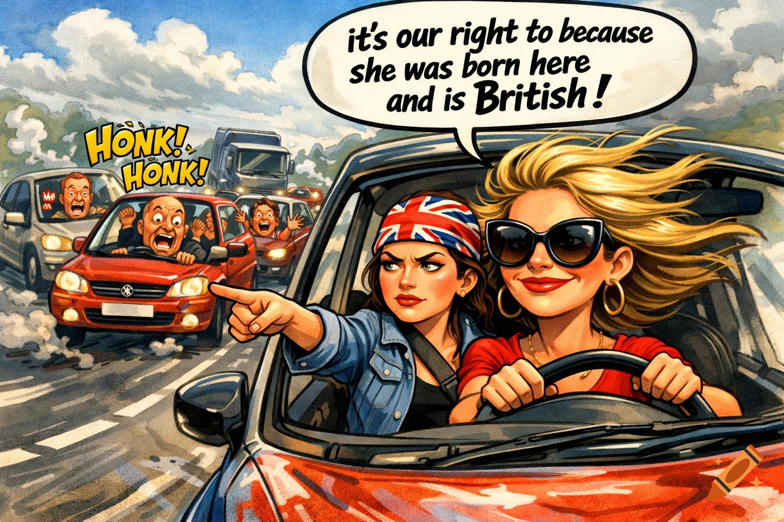 A satirical caricature of two women in a car, stuck in traffic. One points while the other drives, wearing a Union Jack bandana. A speech bubble says, "it's our right to because she was born here and is British!". Other drivers are agitated, with "Honk! Honk!" in a text bubble.