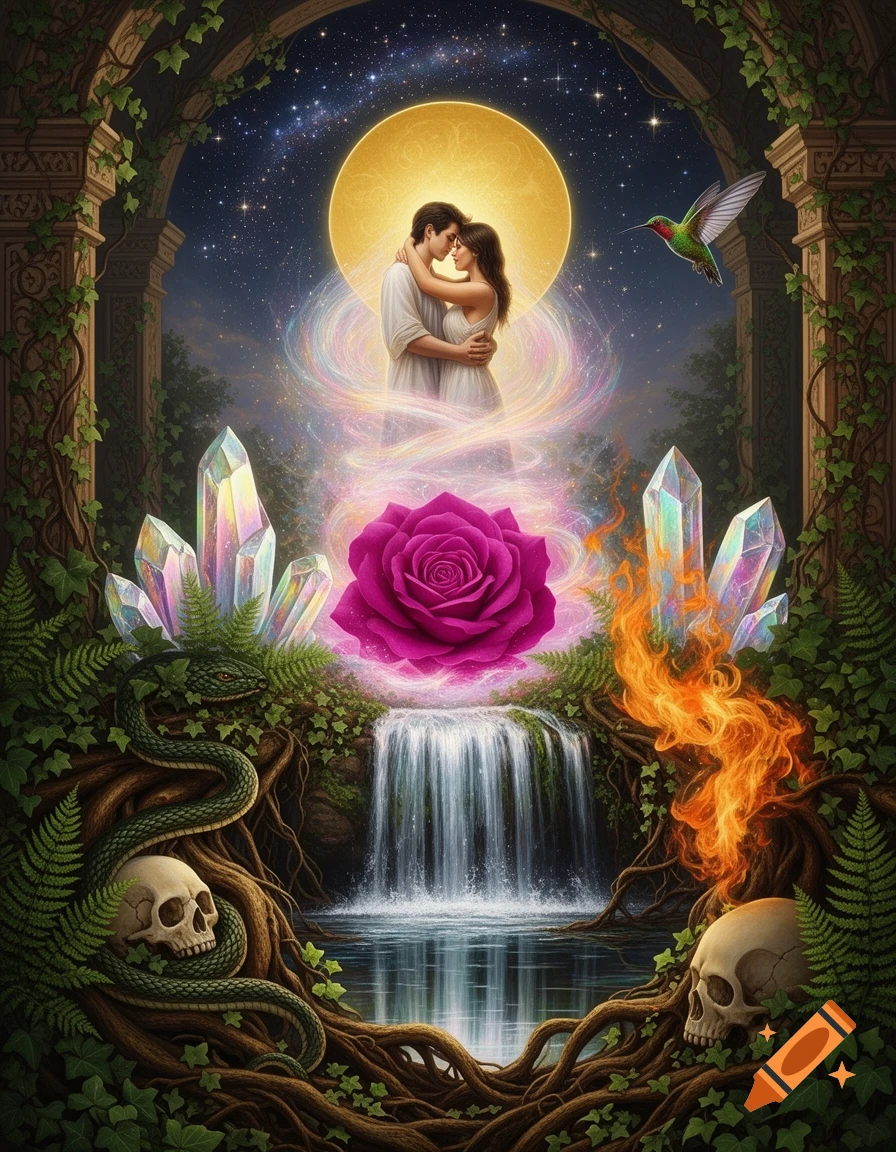 A fantasy illustration featuring an embracing couple surrounded by ethereal light under a full moon and starry sky. Below them are a vibrant pink rose, crystals, a waterfall, roots, a snake, skulls, and fire, all within a lush green forest setting.