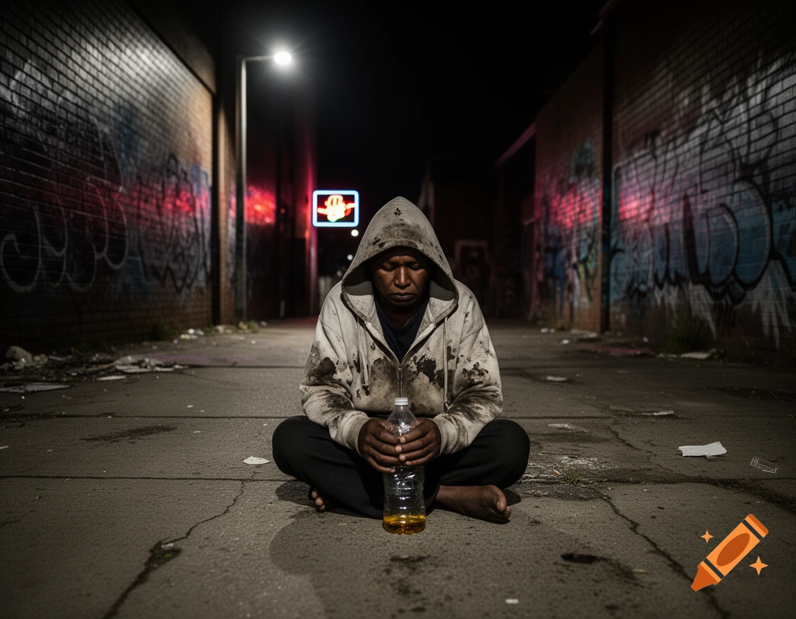 A person in a dirty white hoodie sits cross-legged in a dark, graffiti-covered alley at night, holding a bottle. Photorealistic.