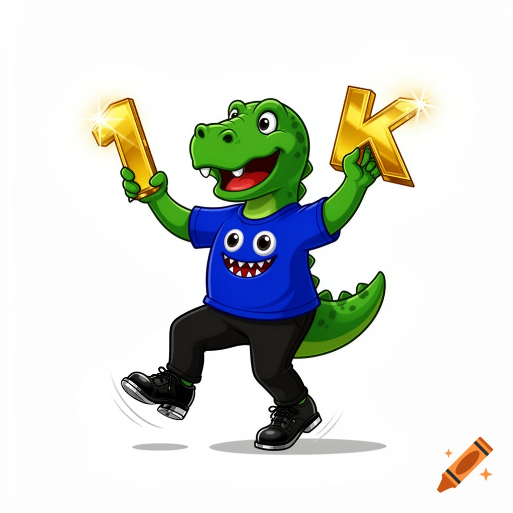 A friendly green cartoon dinosaur in a blue t-shirt and black pants holds a golden '1' and 'K' while tap dancing.