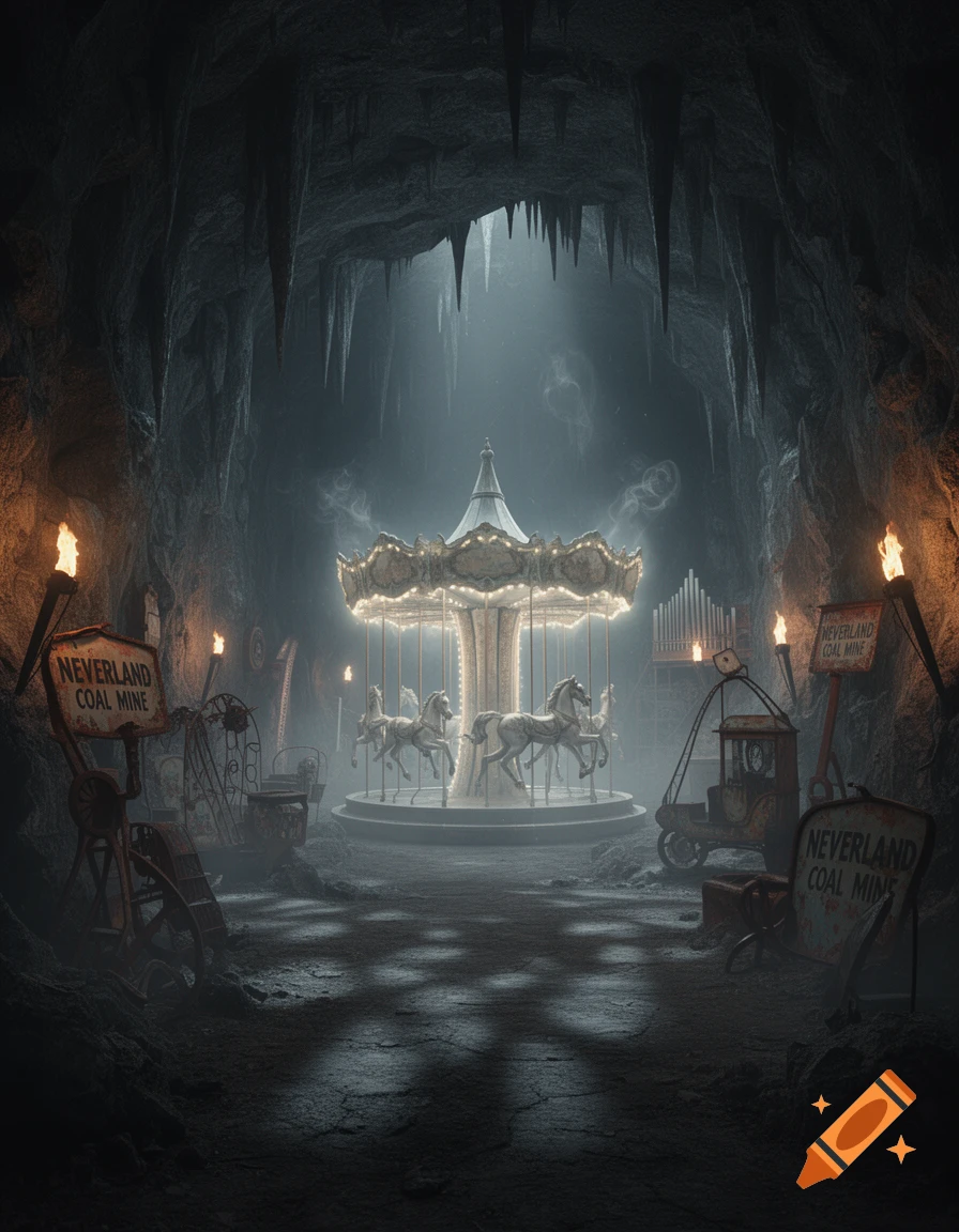 A spooky, foggy underground cave with stalactites, featuring a brightly lit carousel with white horses and old mining equipment.