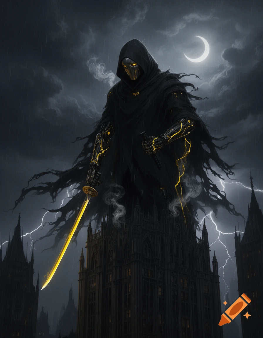 A hooded figure with glowing yellow cybernetic arms and eyes stands on ...