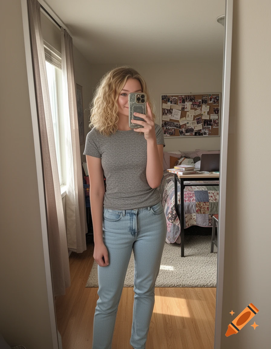 A blonde woman in a grey t-shirt and jeans takes a mirror selfie in a dorm room, holding her phone. A corkboard is behind her.