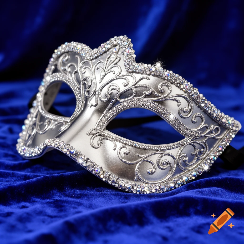 A sparkling silver masquerade mask adorned with intricate scrollwork and clear rhinestones, resting on a rich royal blue velvet background.