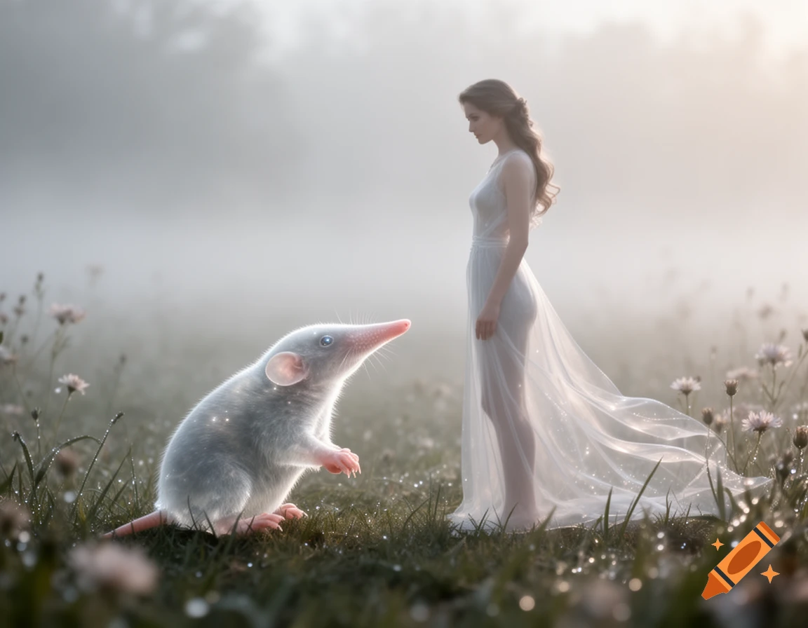 An ethereal woman in a sheer white dress stands facing a glowing, shrew-like creature in a misty field with dewdrops.