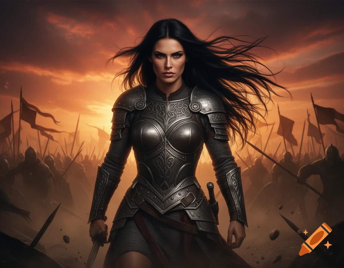 A powerful female warrior in ornate armor stands before a massive army under a dramatic orange sky.