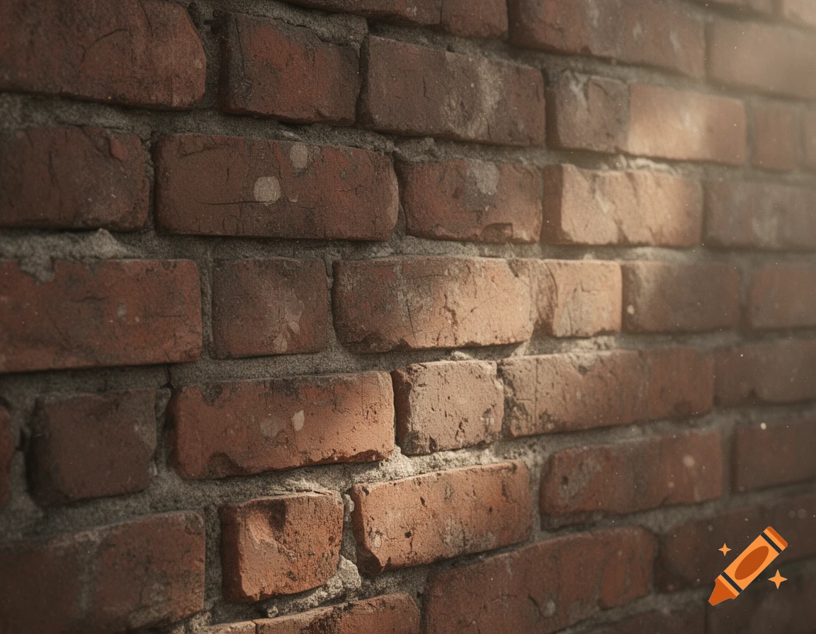 Close-up of a rustic red brick wall, showing texture and mortar, with sunlight casting shadows across its surface.
