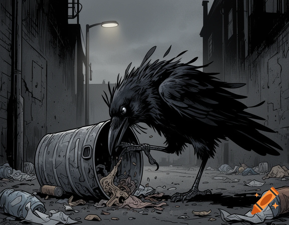 A disheveled black crow pecks at trash spilling from an overturned garbage can in a dark, urban alley at night, in a comic style.