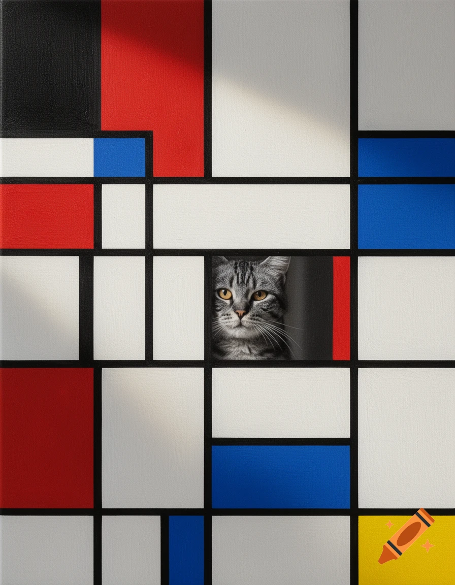 A tabby cat peeks out from a black rectangle within a grid of red, blue, yellow, and white Mondrian-style blocks.