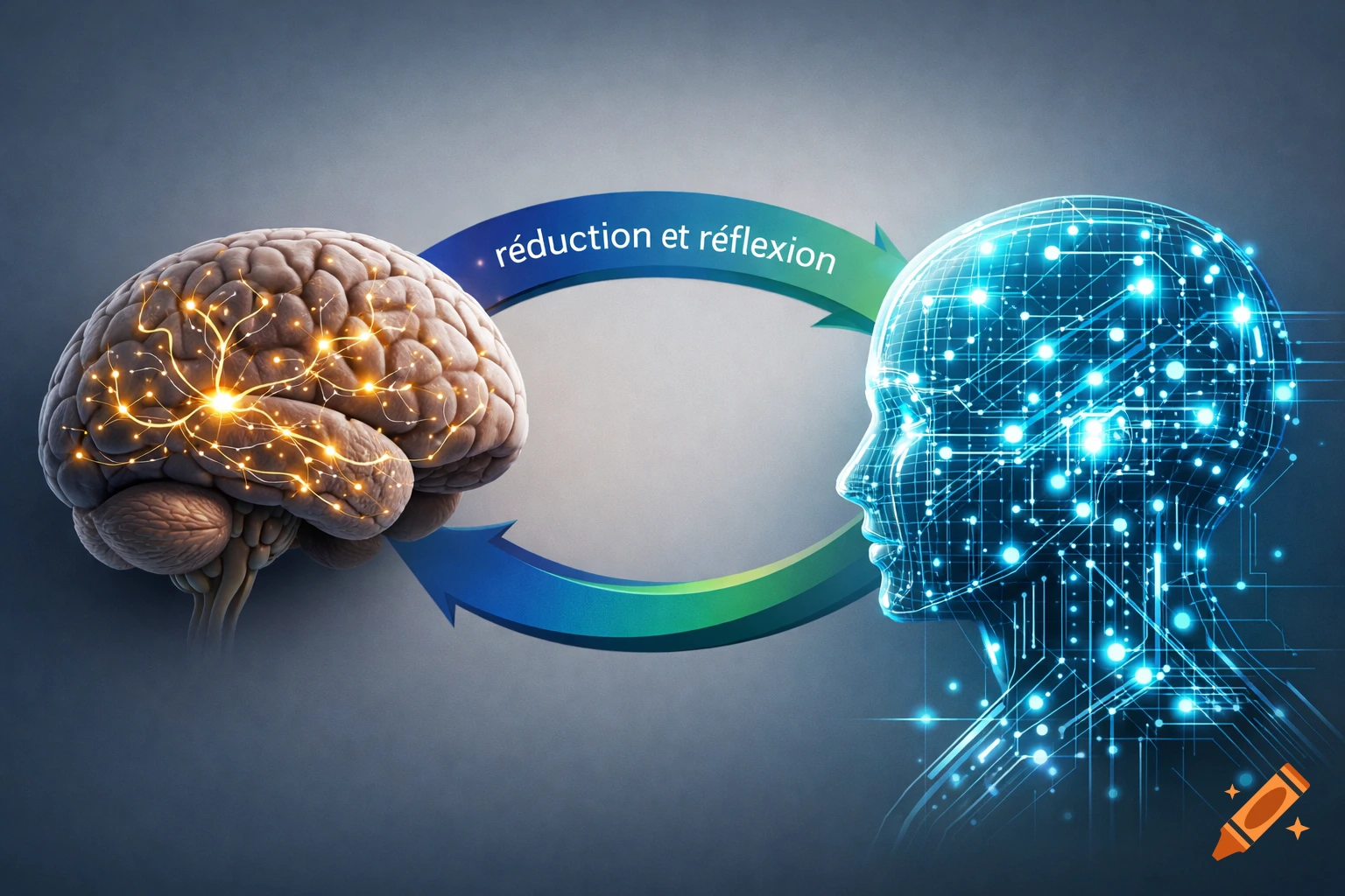 Conceptual image of a human brain and a glowing blue wireframe AI head, connected by an arrow labeled 'réduction et réflexion'.