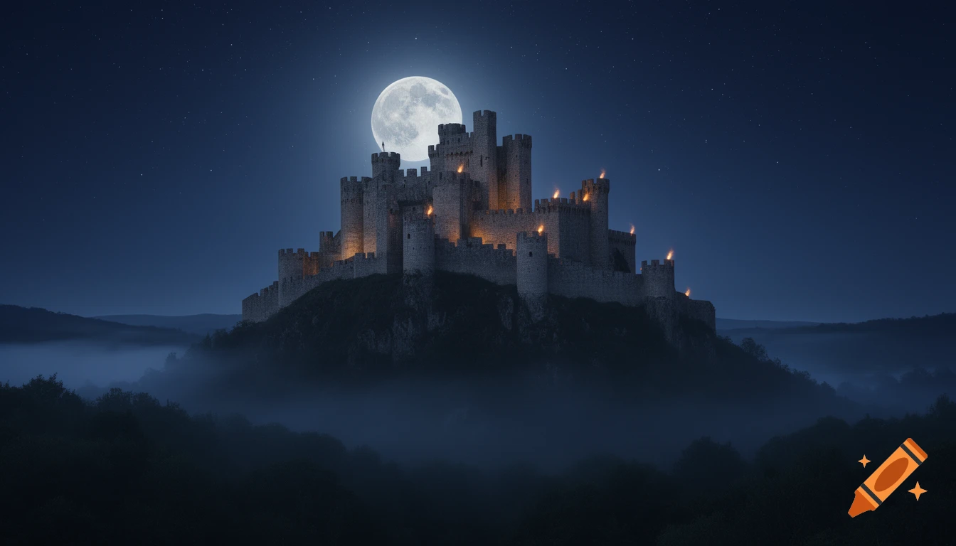 A majestic castle on a hill at night, illuminated by torches, under a ...