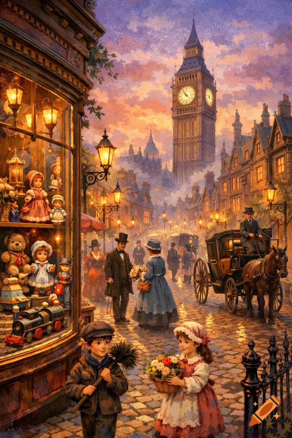 A painted Victorian London street at sunset with people, a carriage, and Big Ben, featuring two children and a toy shop window.