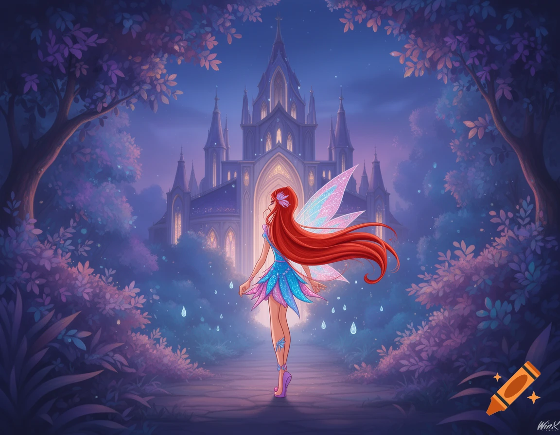 A cartoon fairy with long red hair and iridescent wings stands on a path looking at a grand, glowing castle in a magical purple forest at twilight.